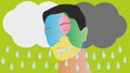 Man with closed eyes, clouds with raindrops falling down. Vector illustration.