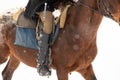 A man in clothes for riding a horse in a winter forest. Close-up of the rider& x27;s foot in stirrups Royalty Free Stock Photo