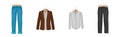 Man Clothing with Jeans, Jacket, Shirt and Trousers on Wooden Hanger Vector Set