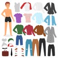 Man clothing vector boy character dress up clothes with fashion pants or shoes illustration boyish set of male cloth for Royalty Free Stock Photo