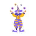 Man Clown in Flamboyant Costume Juggling Balls as Circus Artist Character Vector Illustration