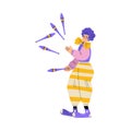 Man Clown in Flamboyant Costume Juggling Pins as Circus Artist Character Vector Illustration