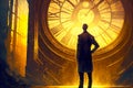 Man in coat watches time on antique clock with clockwork
