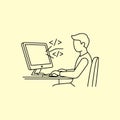 Man coding on computer with code symbols on screen in a simple line art style soft yellow background focused workspace developer Royalty Free Stock Photo