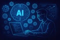 Man coding on laptop with AI brain and gears in neon blue digital interface artificial intelligence Royalty Free Stock Photo