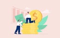 Man on coin stack taking hand to business male vector flat illustration