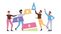 Man collect chart. Teamwork, business development. Partnership, people doing pyramid, vector concept