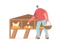 Man Collecting Eggs On Chicken Livestock Farm. Farmer Character Picking Up Eggs From Coop, Depicting Agricultural Work Royalty Free Stock Photo