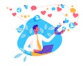 Man collecting likes with magnet illustration, Attraction magnet vector, Male character is holding magnet to collect like, Social