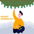 Man collects banknotes from a palm. Color flat cartoon illustration