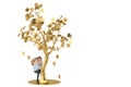 A man collects gold coins under the golden tree.3D illustration.