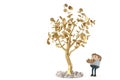 A man collects gold coins under the golden tree.3D illustration.