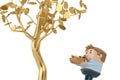A man collects gold coins under the golden tree.3D illustration.