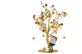 A man collects gold coins under the golden tree.3D illustration.