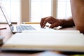 Man college student  studying learning lesson with computer online Royalty Free Stock Photo