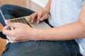 Man college student  studying learning lesson with computer online Royalty Free Stock Photo