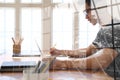 Man college student  studying learning lesson with computer online taking note Royalty Free Stock Photo