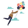 Man with colorful balloons flying in sky over clouds. Young cartoon male with bunch of balloons Royalty Free Stock Photo