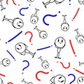 Man with colorful questions and exclamation marks around. Cartoon character thinks and finds a solution. Seamless