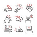 Man in a coma. Hospital bed. Infographic line icons. Vector