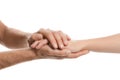 Man comforting woman on white background, closeup of hands.