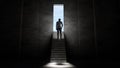 A man coming out of a dark basement to a door leading to the blue sky