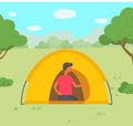 Young Man in Tent Camping in Forest Vector Royalty Free Stock Photo