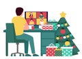 Man communication with group people online on Christmas holiday, back view. Fir tree, gift, desktop and greeting