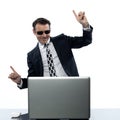 Man computer hacker satisfied internet piracy Royalty Free Stock Photo