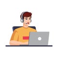 Man with computer, headphones, microphone . Illustration for support, call center. Vector illustration in flat style