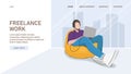 A man with a computer sits on a bean bag chair in a coworking studio. Website landing page design. Vector illustration