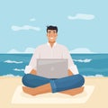 Man with computer work on beach. Freelancer with laptop. Flat cartoon style