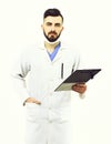 Man with concentrated face in white coat. Dentist in mask Royalty Free Stock Photo