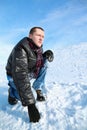 Man concentrated looks winter of squatting in sky Royalty Free Stock Photo