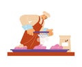 Man confectioner cooking cake, pie sprinkles with powdered sugar, vector bakery chef in uniform preparing sweet dessert