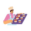 Man confectioner presenting trays with dessert, cake with cream and strawberries, baker in uniform cartoon vector