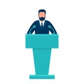 Man in conference suit on podium, tribune. Speech by people leader, businessman, head, teacher. Presidential debate