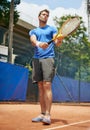 Man, confident and serve in outdoor tennis match, game and court for competition or practice. Male person, athlete and