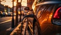 Man confidently holding power supply cable at ev charging station, ready to charge his vehicle