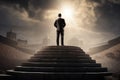 A man confidently stands on the top step of a staircase., Motivational Speaker Standing, AI Generated Royalty Free Stock Photo