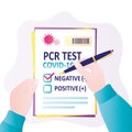 Man confirms negative result in pcr test for coronavirus. Hand with pen marks result of test in form