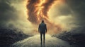 Man confronts fiery vortex on desolate road Royalty Free Stock Photo