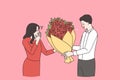 Man congratulate give flowers to woman lover