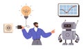 Man connecting plug to generate ideas with robot and data chart for innovation and technology Royalty Free Stock Photo