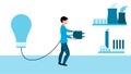 Man connecting power plug to regular energy sources, business character vector illustration on white background