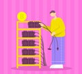 Man connects mining farm. Color vector flat cartoon illustration.