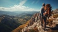 Man conquers mountain peaks Royalty Free Stock Photo