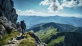 Man conquers mountain peaks Royalty Free Stock Photo