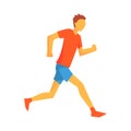 Man Conserving Energy For Marathon Run, Male Sportsman Running The Track In Red Top And Blue Short In Racing Competition Royalty Free Stock Photo