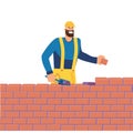 A man at a construction site lays out bricks with cement. Builder builds a brick wall. House building Flat illustration